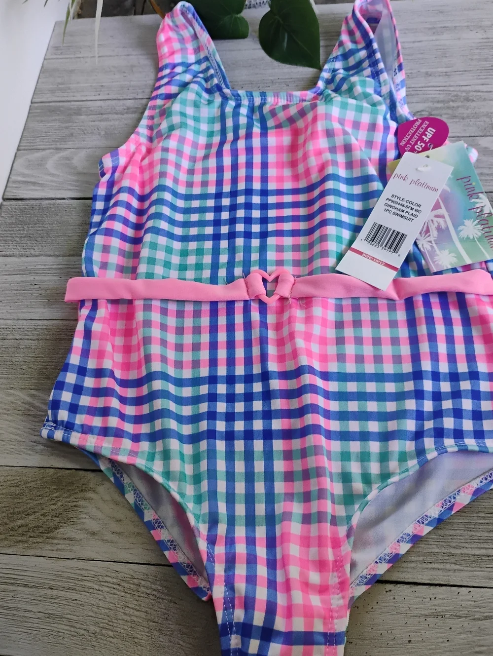 Gingham One-Piece Swimsuit Pink Platinum Size 10 /12 & Free Pair Of Swim Goggles